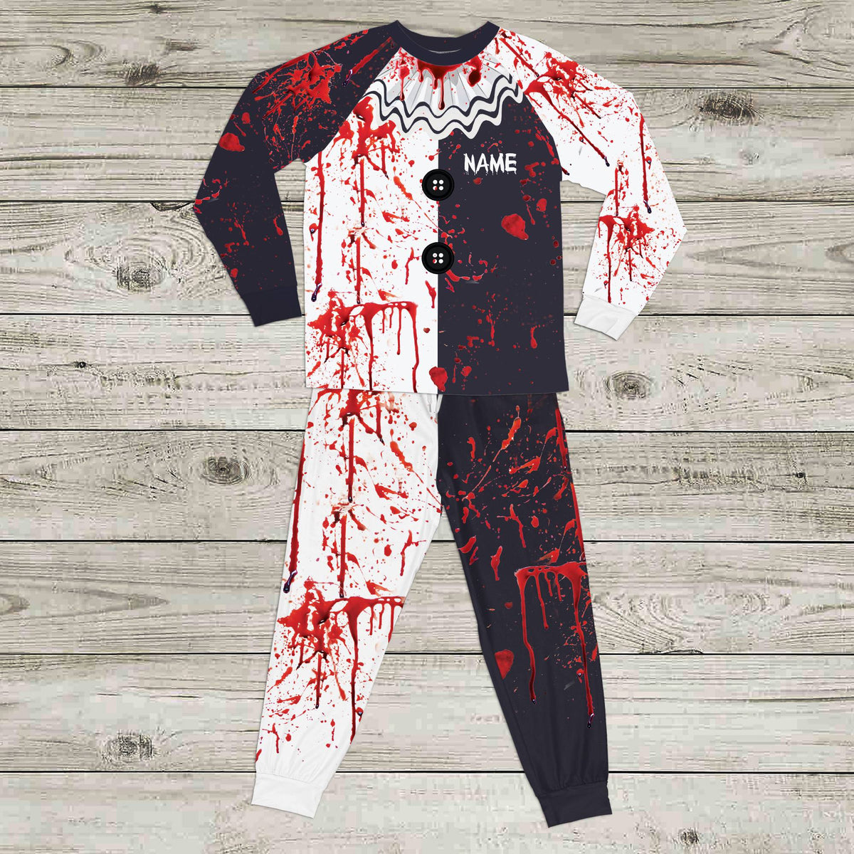 Detailed front view of the creepy blood splattered pajama set