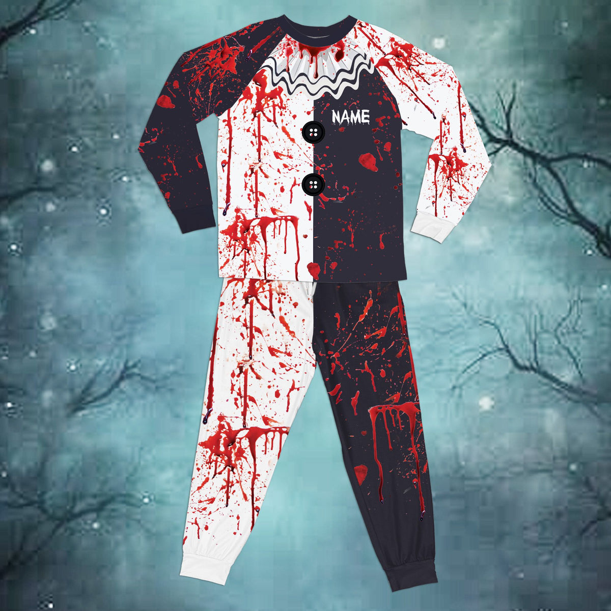 Matching family pajamas featuring a halloween clown blood pajama set, main view