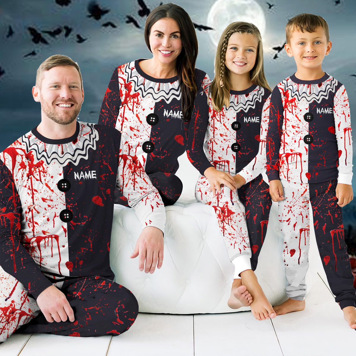 Family wearing the custom name halloween pajama set, lifestyle view