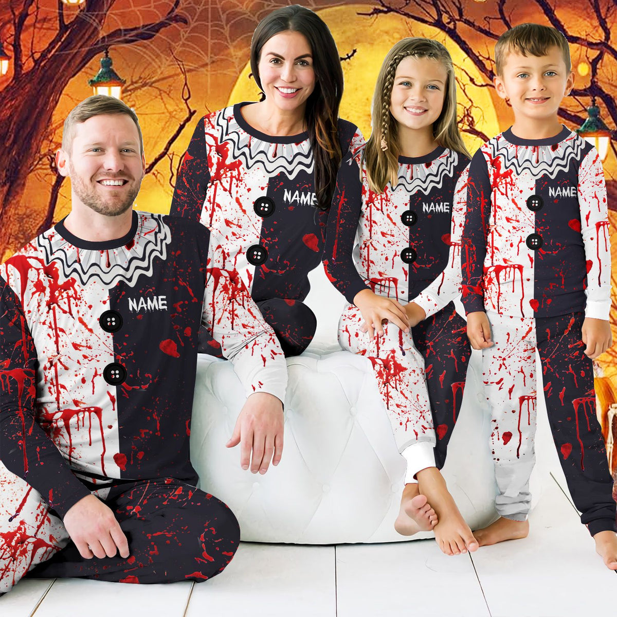 Close-up lifestyle view of the halloween clown blood pajamas