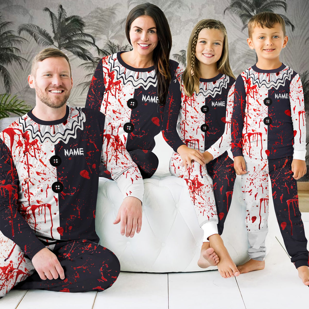 Lifestyle view of the matching family pajama set in black, white, and red