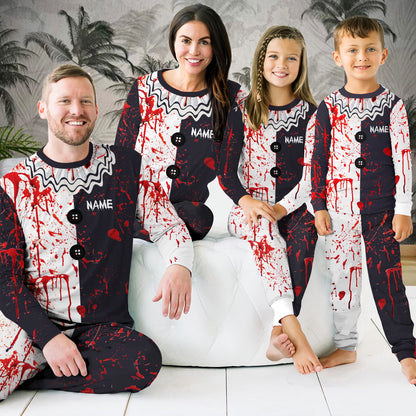 Lifestyle view of the matching family pajama set in black, white, and red