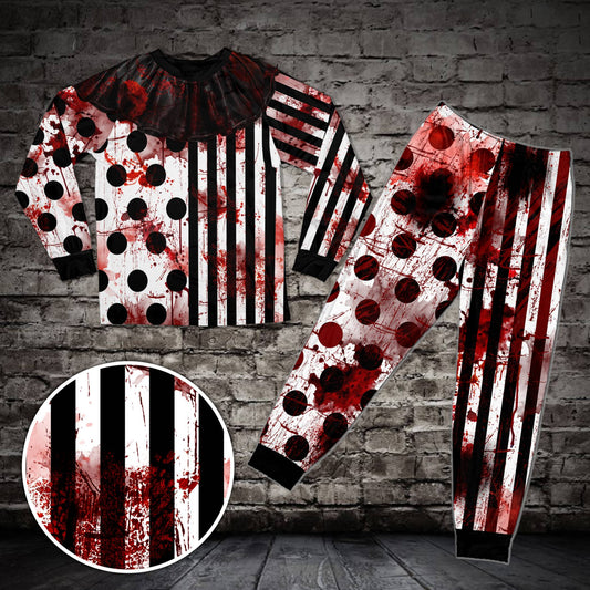 Matching family pajamas in Halloween clown design, front view
