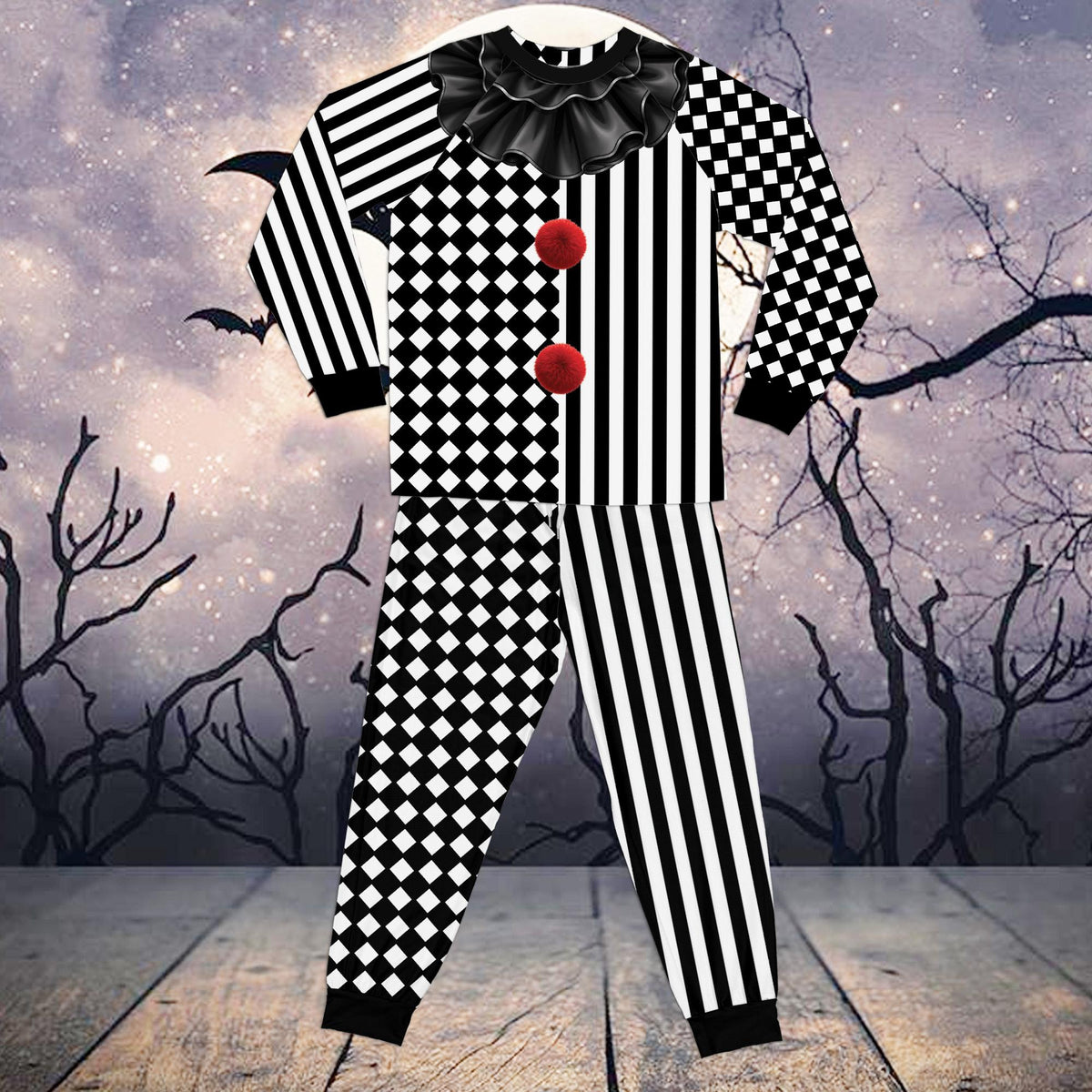 Detailed front view showing the printed ruffled collar and red pom-poms on the clown pajamas