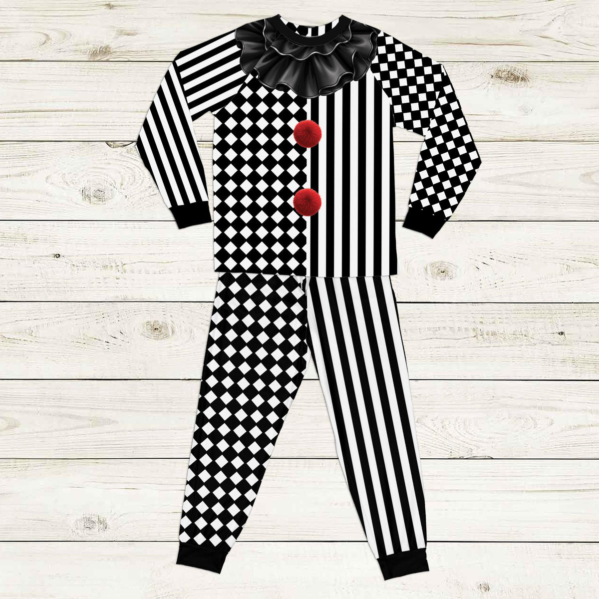 Alternative front view of the black, white, and red Halloween clown pajama set