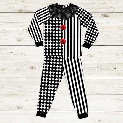 Alternative front view of the black, white, and red Halloween clown pajama set