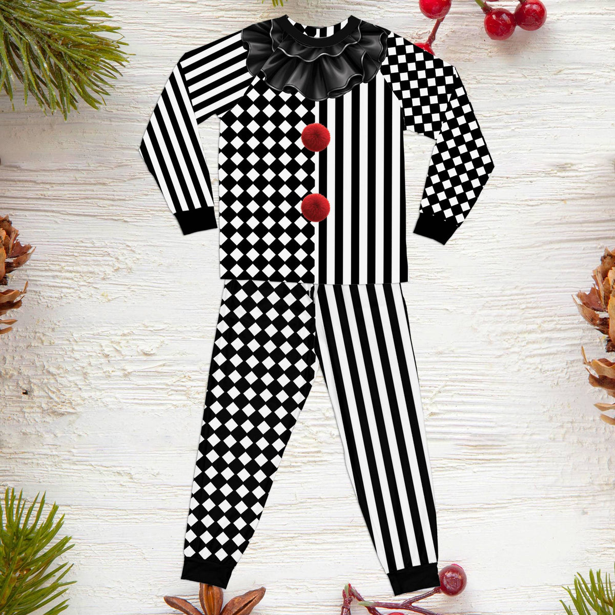 Another front view of the matching family Halloween clown pajamas