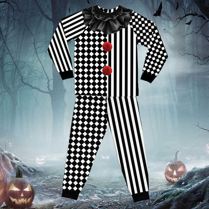 Matching family Halloween clown pajama set featuring stripes and checkerboard pattern, main view