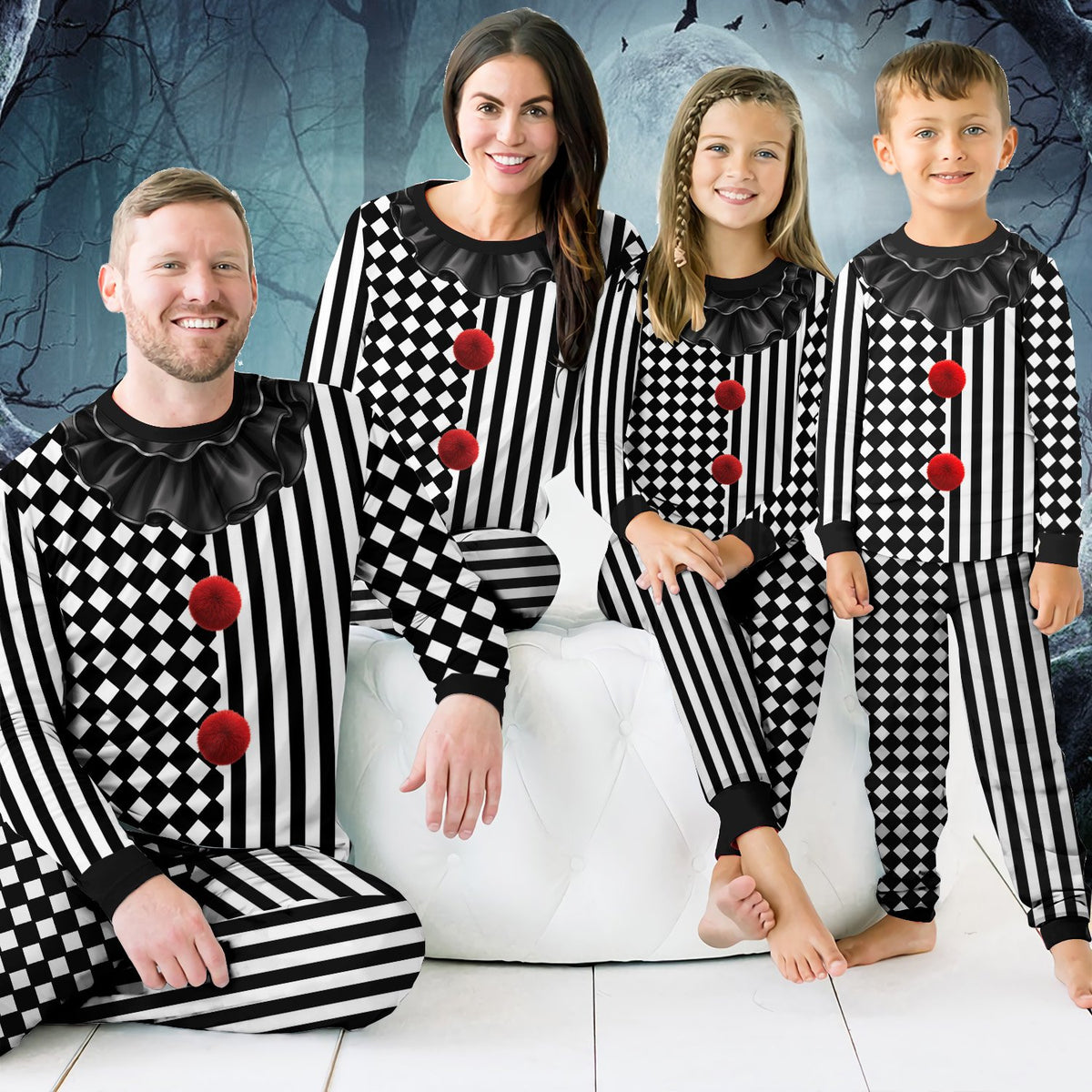 Family wearing their matching Halloween clown pajamas in a fun lifestyle setting
