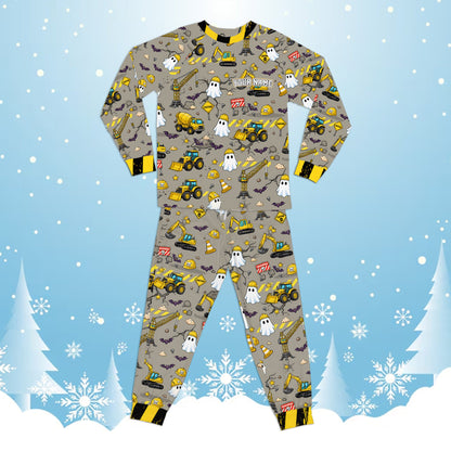 Close-up front view of the Halloween construction pajama set design.
