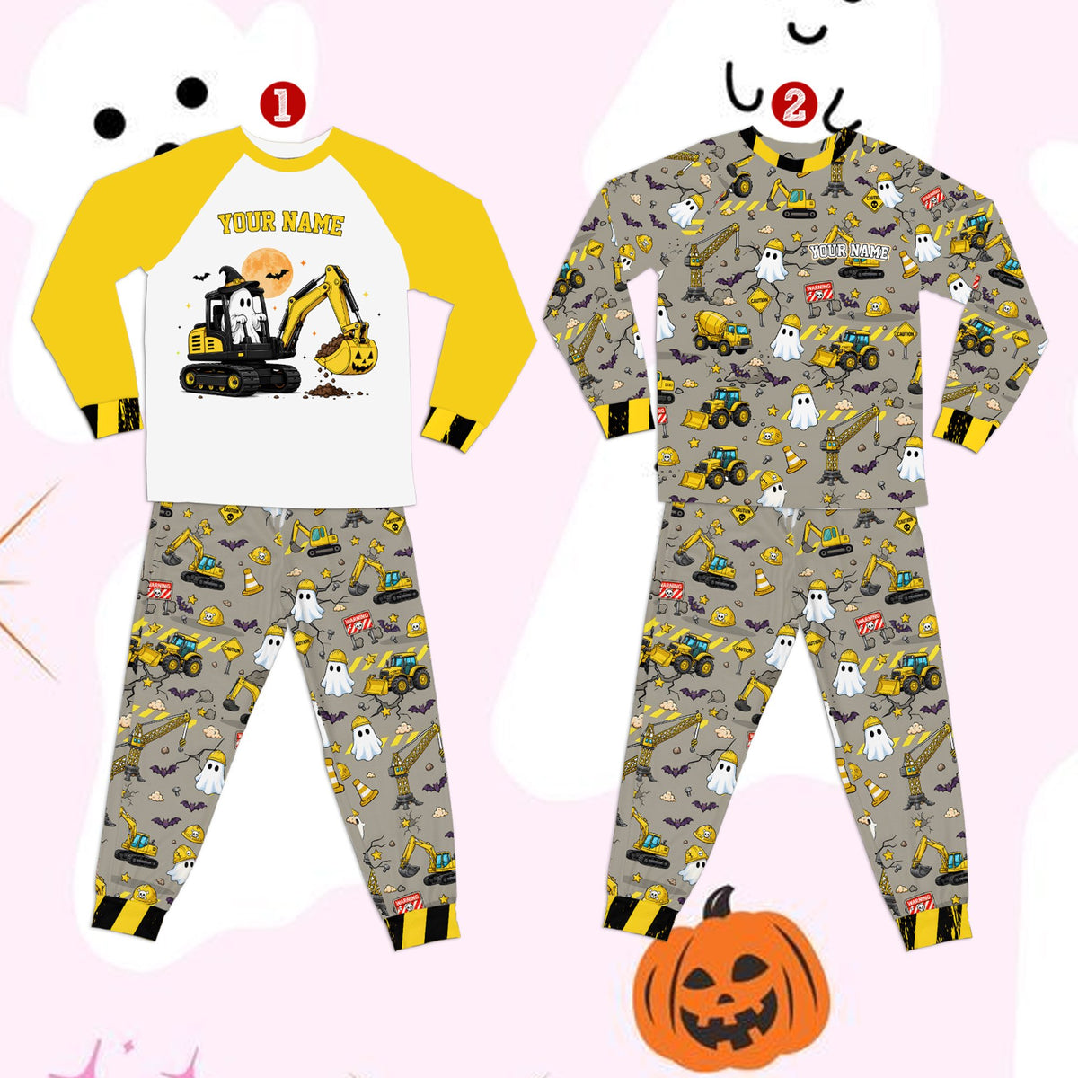 Front view of the kids Halloween construction pajama set with custom name.