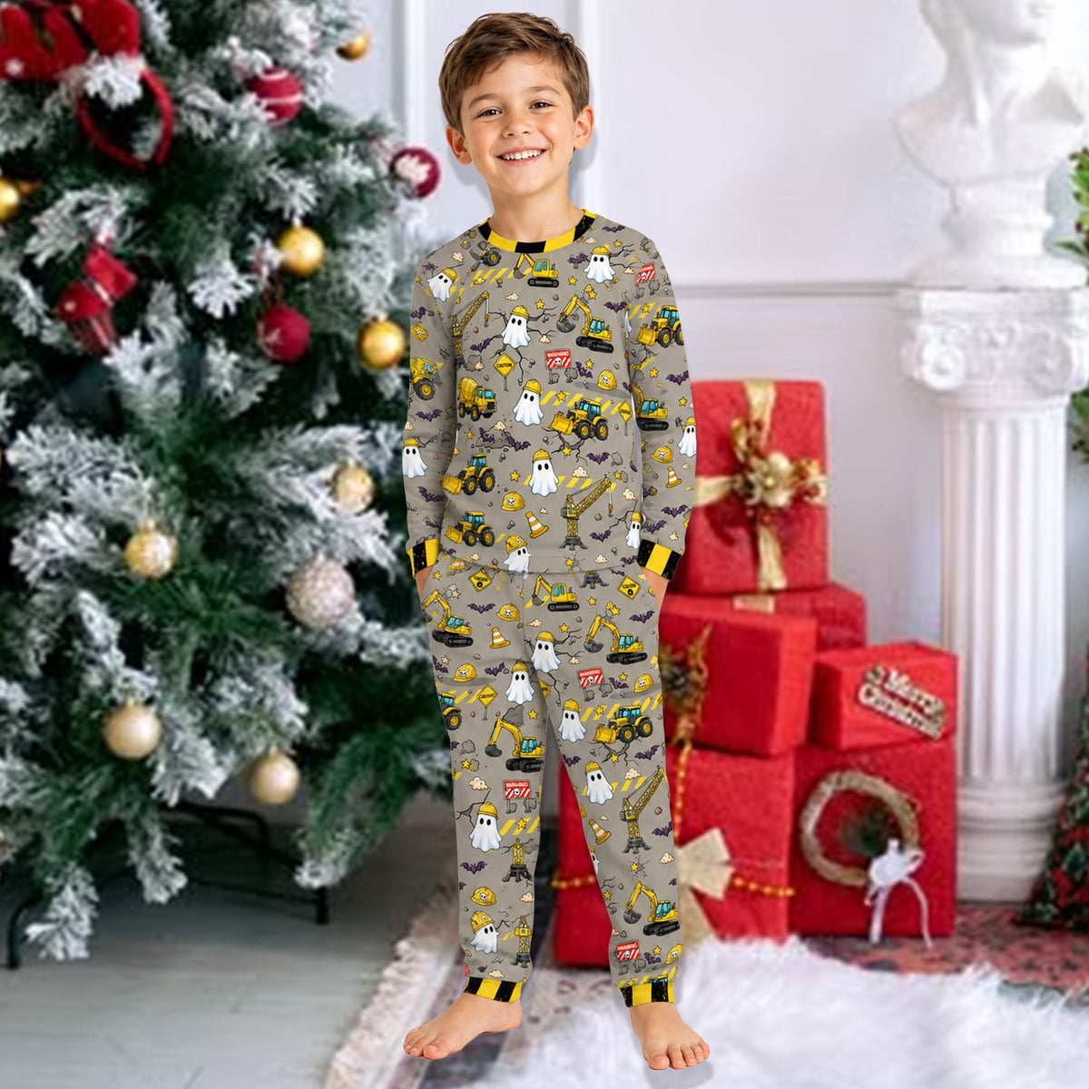 Another lifestyle view of the personalized Halloween construction pajama set.