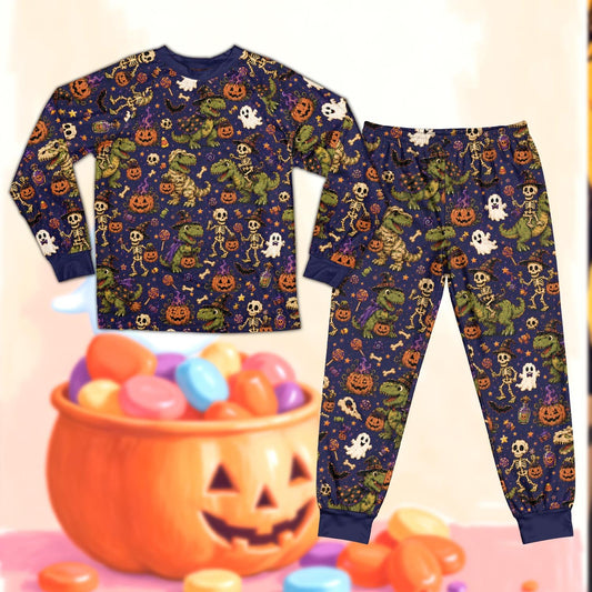 Halloween dinosaurs pajama set showing family matching sleepwear on a dark navy background