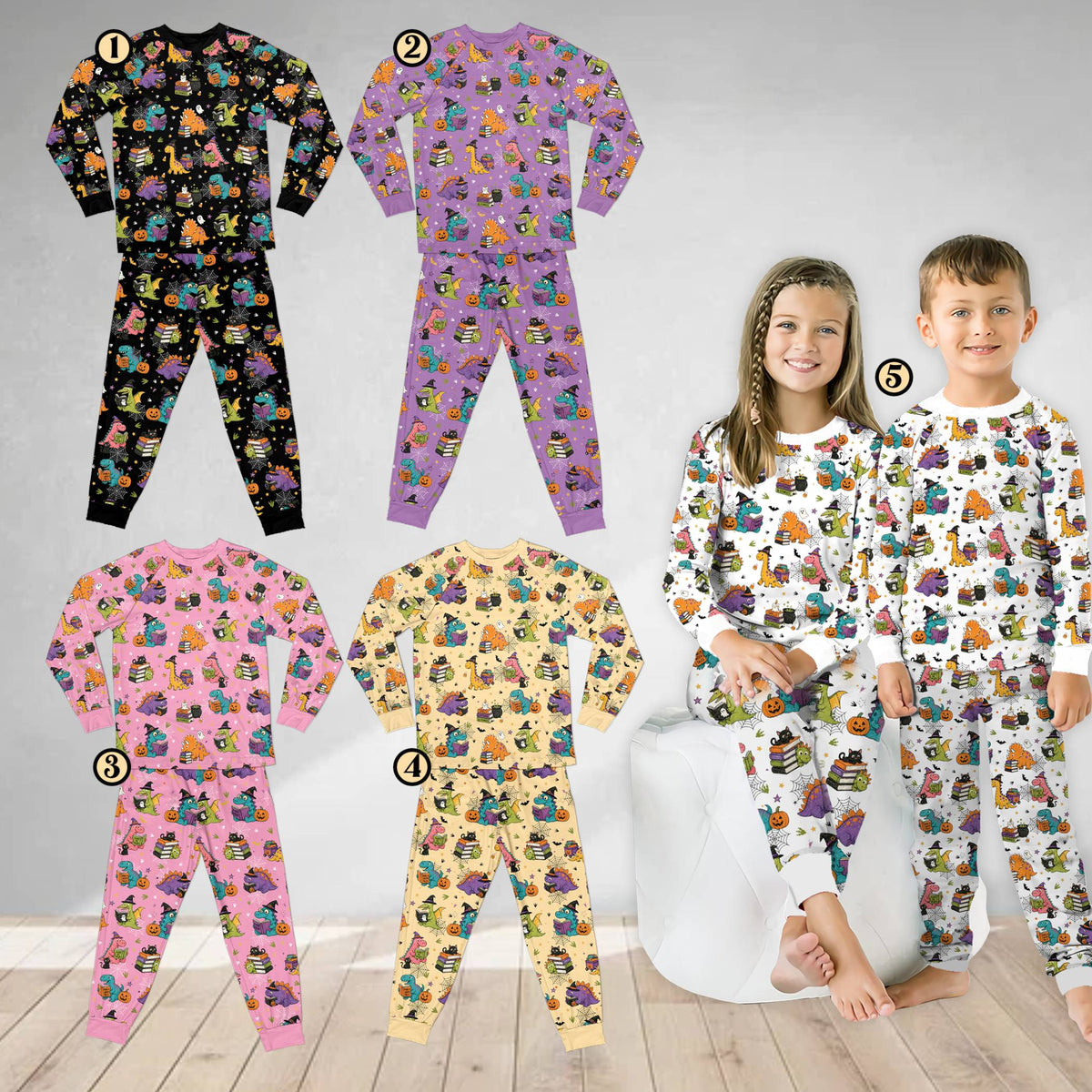 Multicolor view of the Halloween dinosaurs family matching holiday pajamas