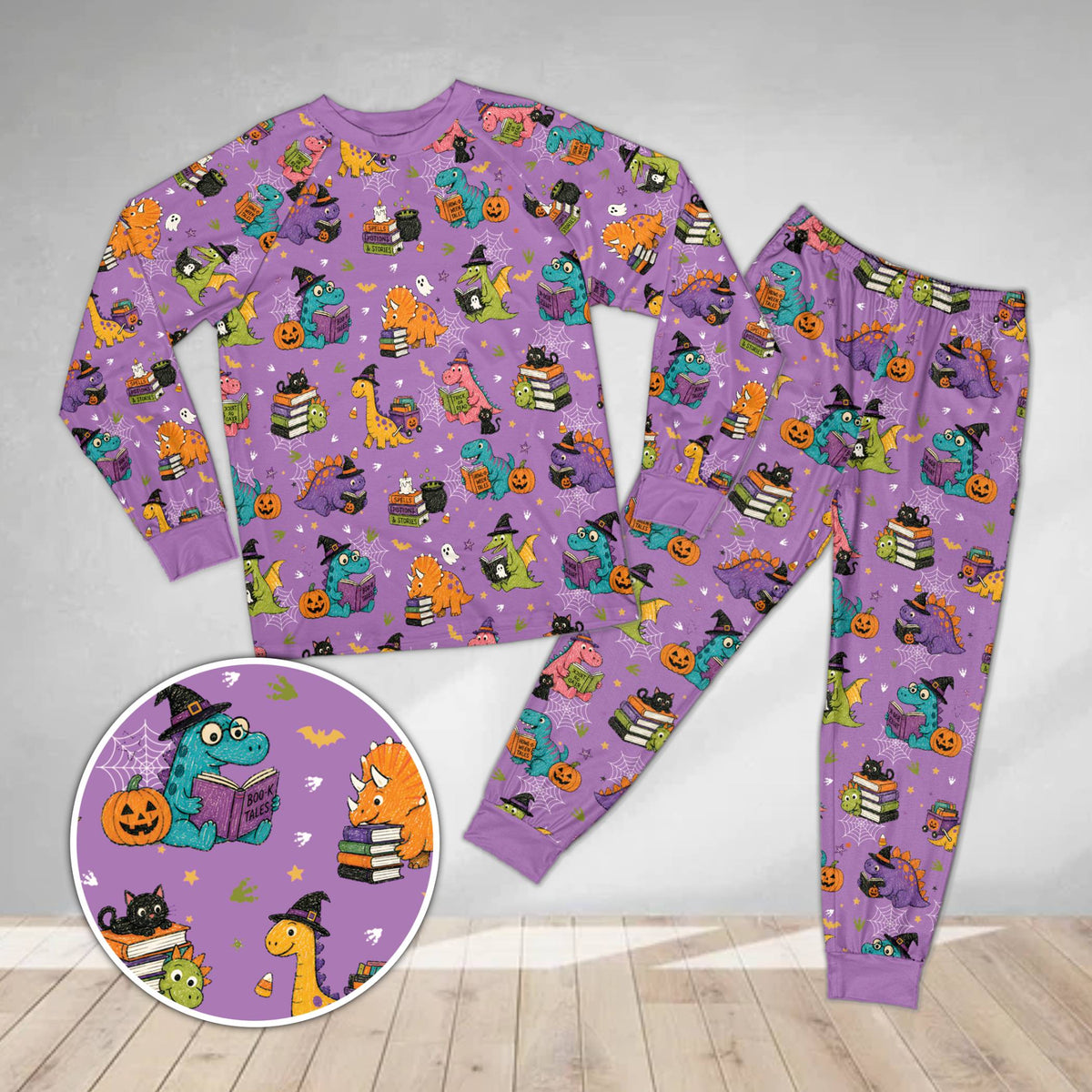 Halloween dinosaurs pajama set with purple background, front view