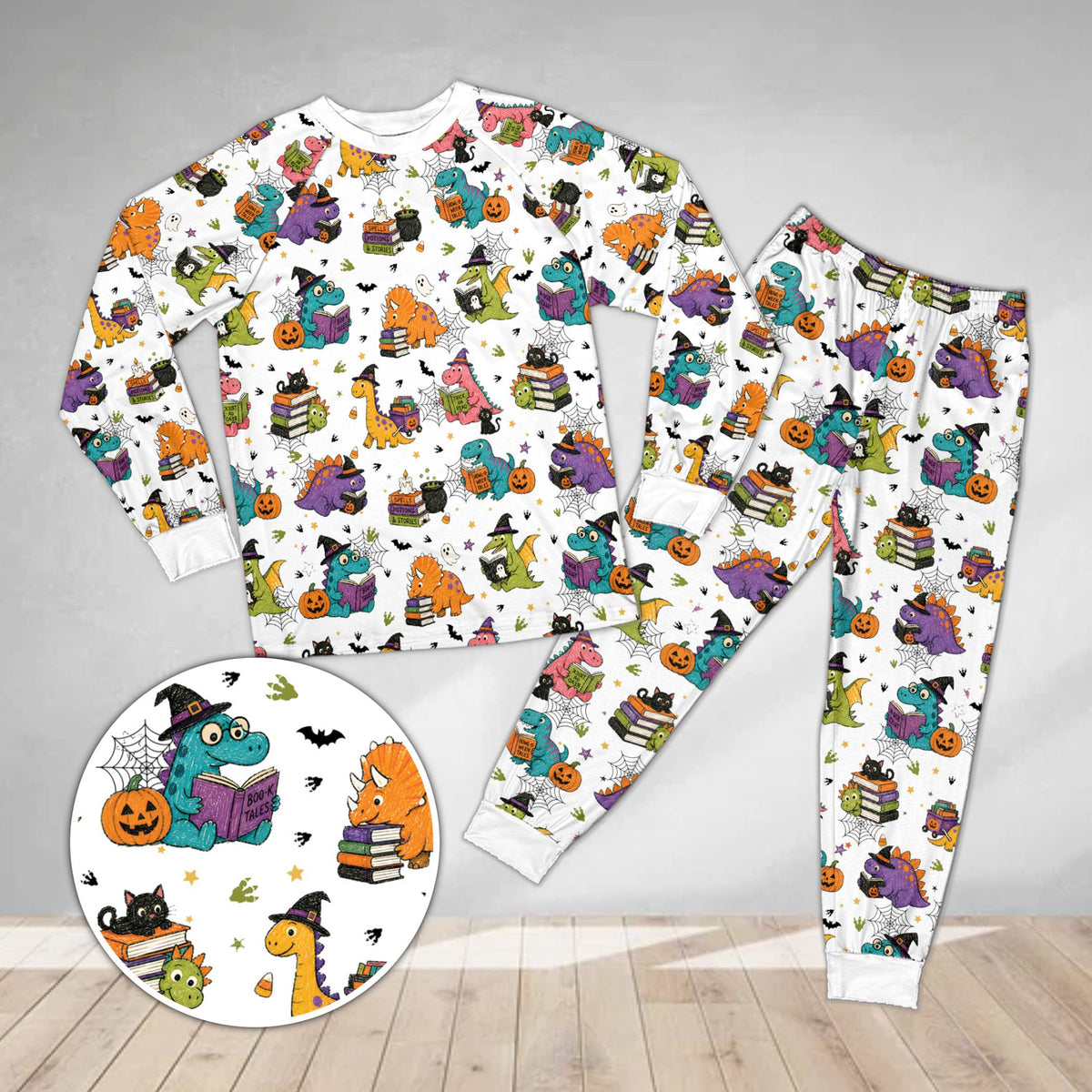 White background Halloween dinosaurs pajama set, front view