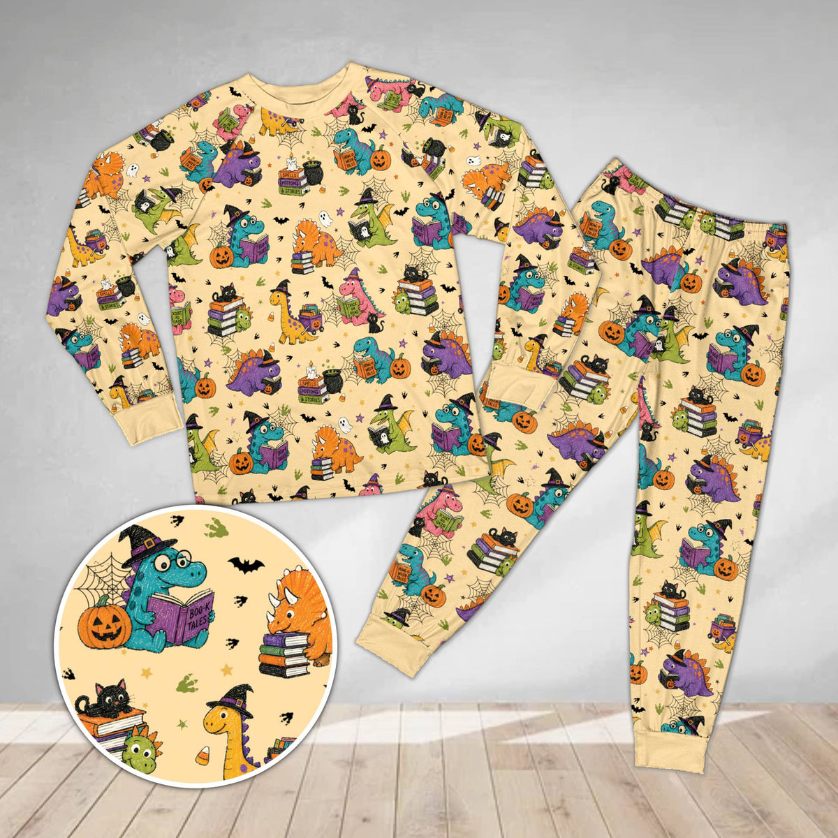 Family matching outfits Halloween dinosaurs pajama set on yellow background, front view