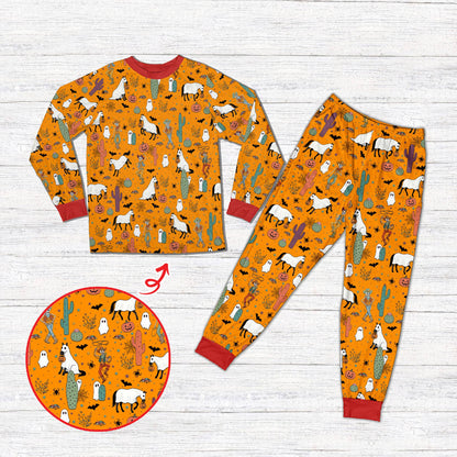 holiday family matching pajamas in western Halloween skeleton design, main view