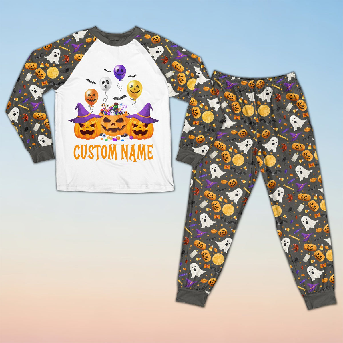 Close-up front view of the Halloween pajama set in gray and orange tones