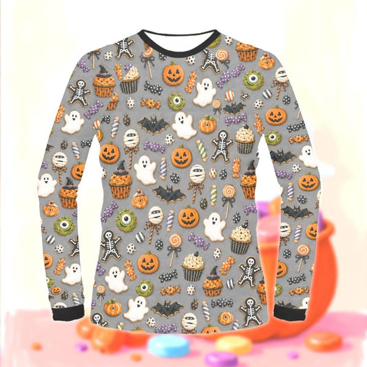 Main view of the matching family halloween pajama set featuring fun treats and characters on a gray background