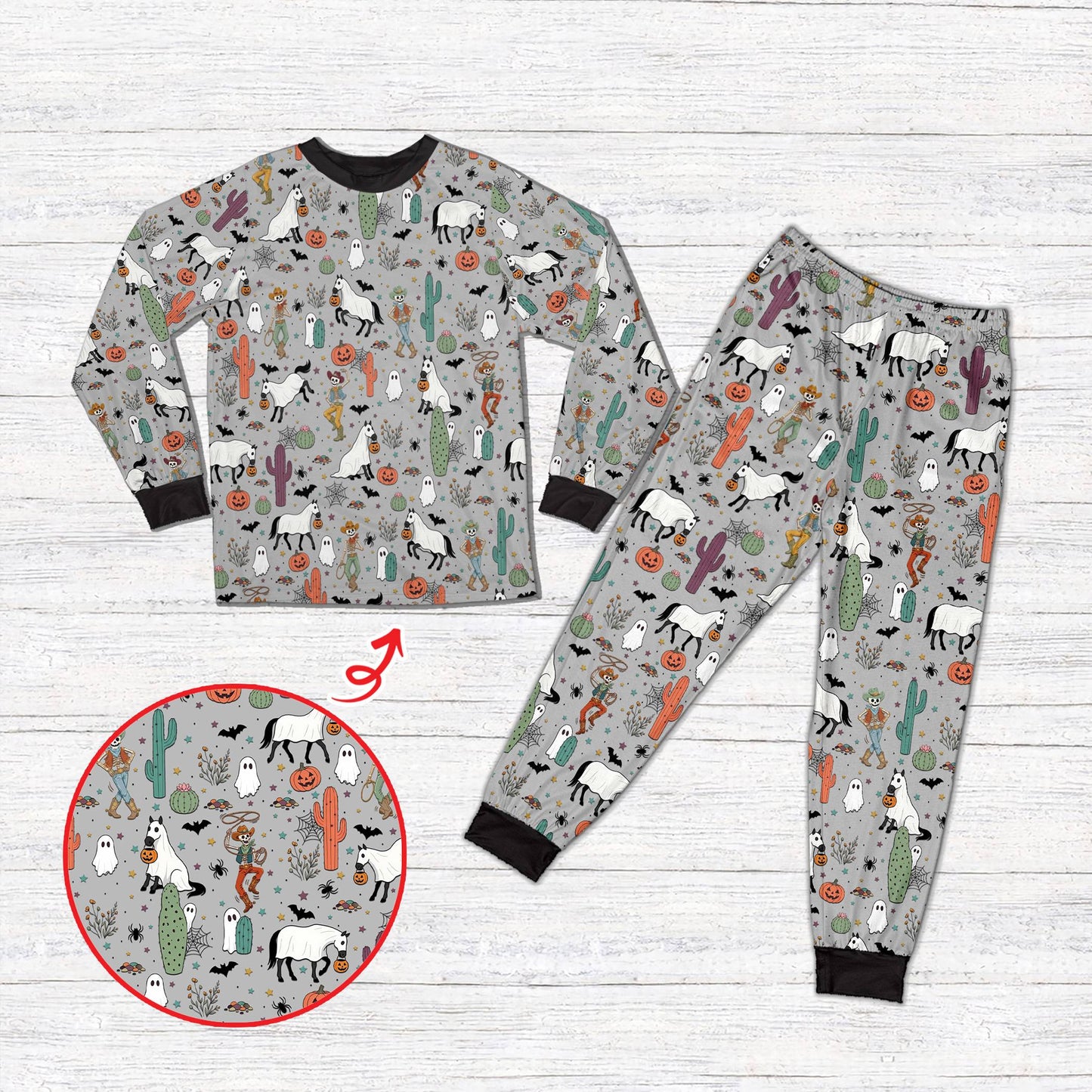holiday family matching pajamas in western Halloween gray design, front view