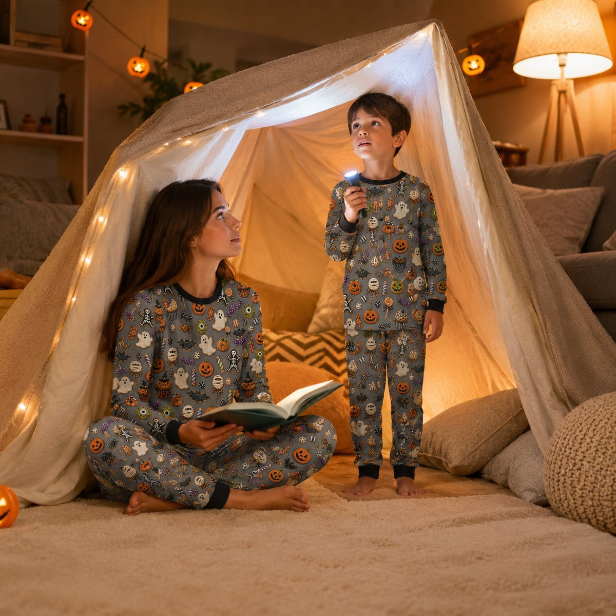 Lifestyle view of the family matching holiday pajamas for Halloween