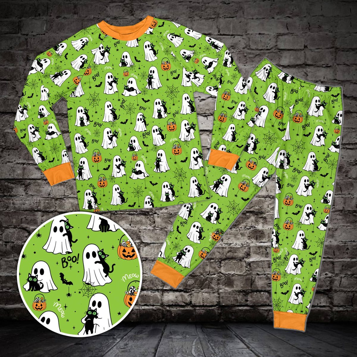 Halloween pajama set in green showcasing spooky print, front view