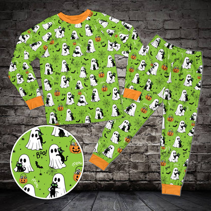 Halloween pajama set in green showcasing spooky print, front view