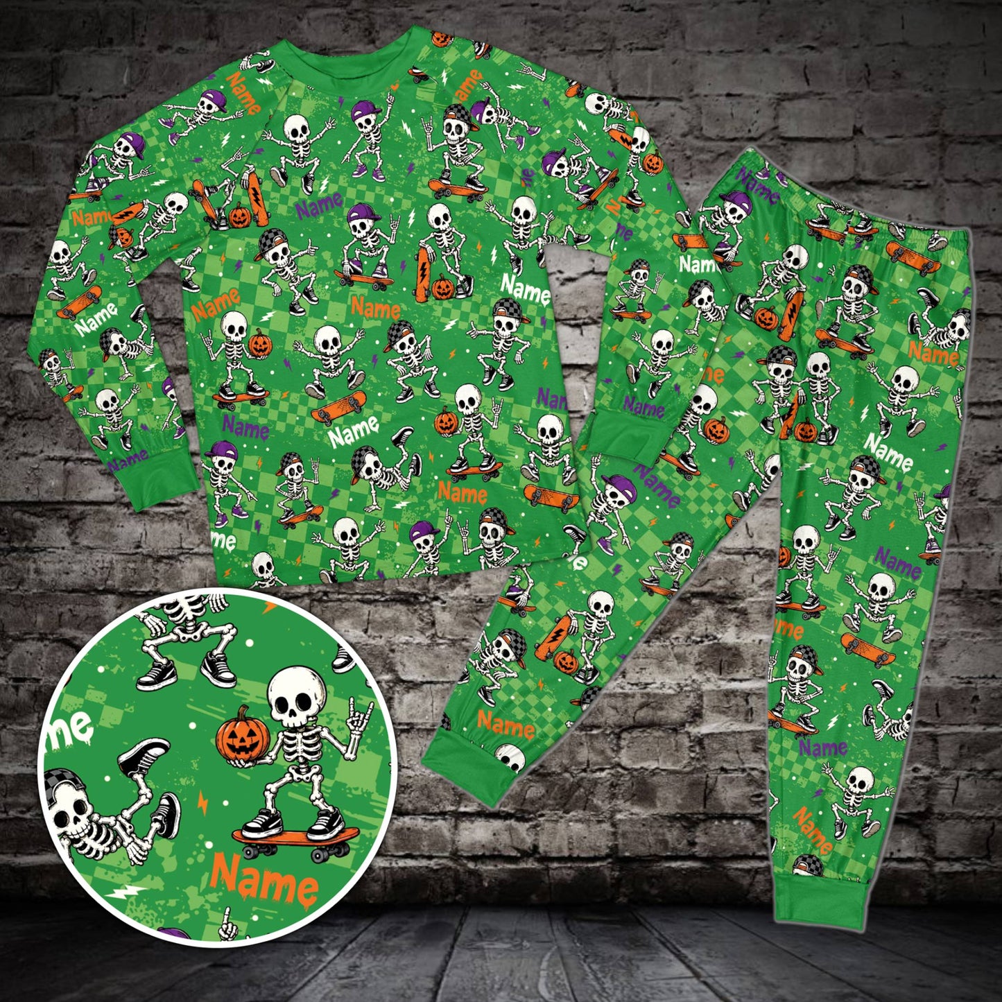 Front view of the green custom skeleton Halloween pajama set.