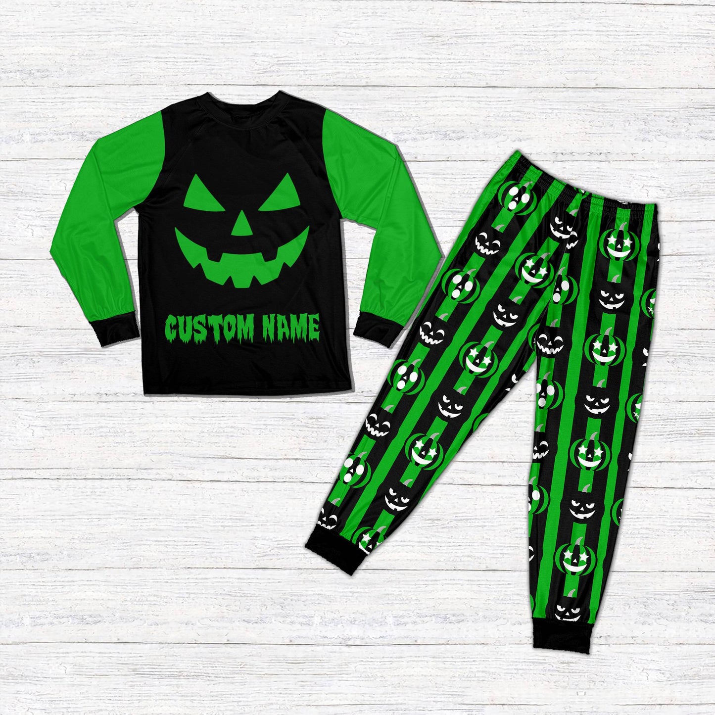 Front view of the green variant of the customized jack-o-lantern pajama set