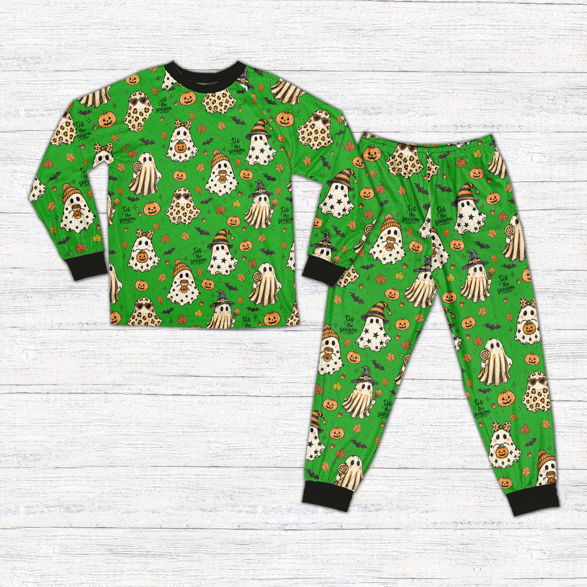 Green version of the halloween pajama set, front view