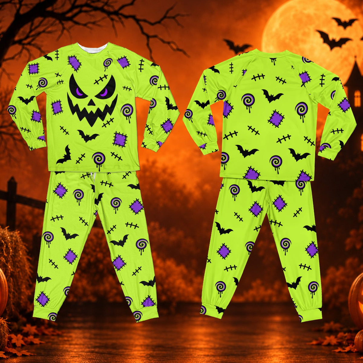 Neon green halloween pajama set with black jack-o'-lantern face and bats, front view
