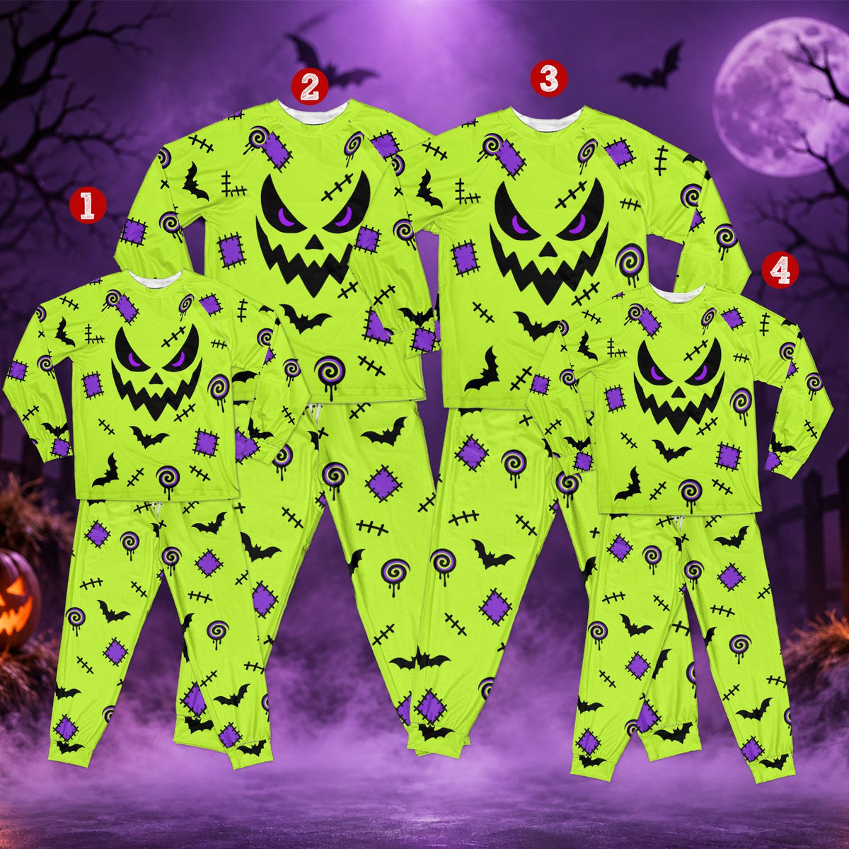 Another lifestyle view of the spooky neon green pajamas in a cozy setting