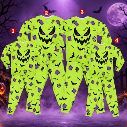 Another lifestyle view of the spooky neon green pajamas in a cozy setting