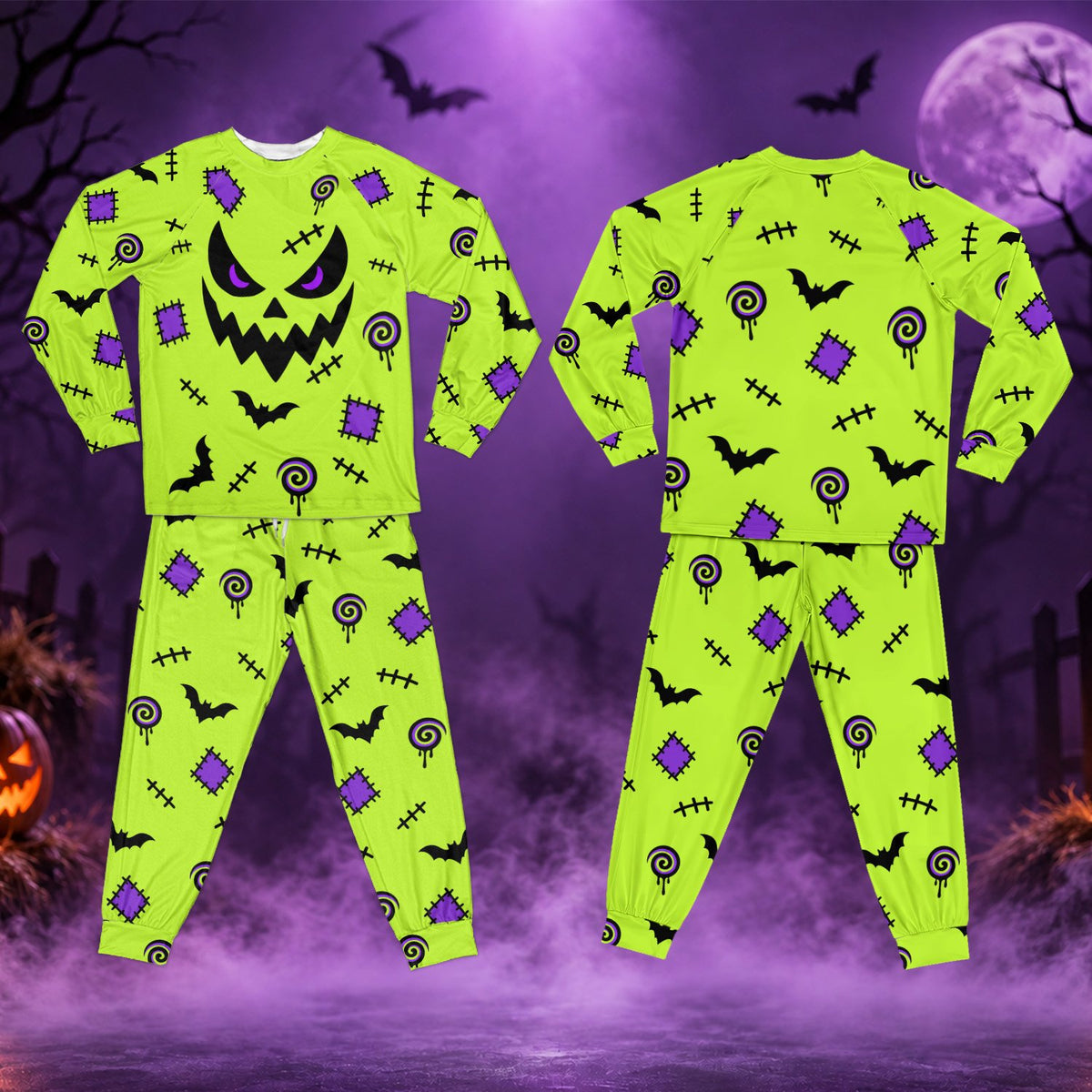 People wearing the matching neon green halloween pajamas