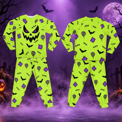 People wearing the matching neon green halloween pajamas