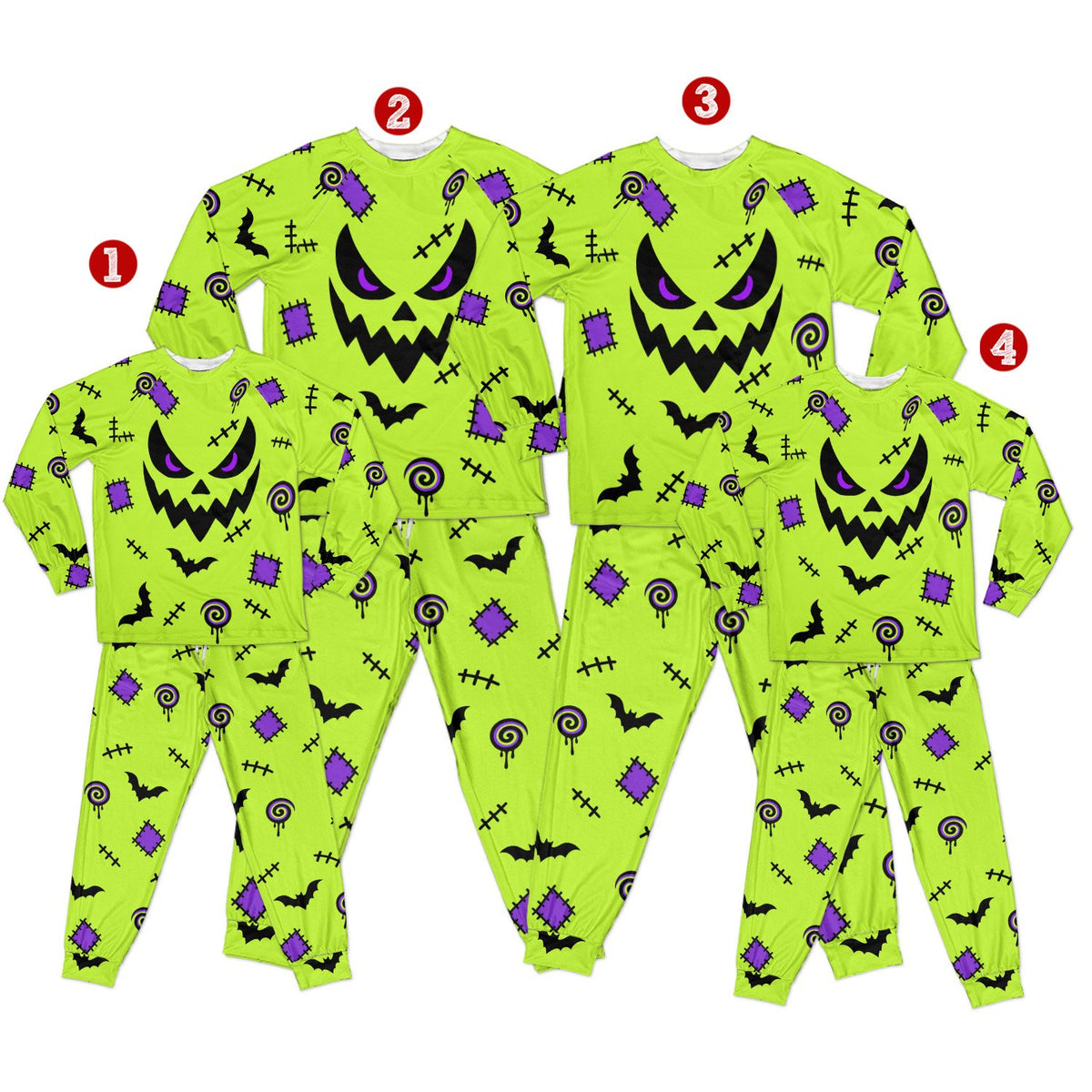 Lifestyle shot of the neon green halloween pajama top and pants