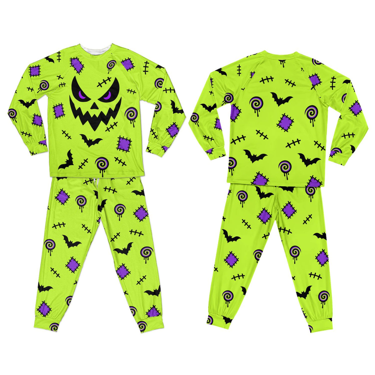 Back view lifestyle shot of the neon green halloween pajama set