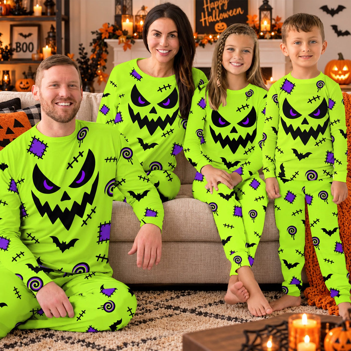 Lifestyle view of the neon green halloween pajama set being worn