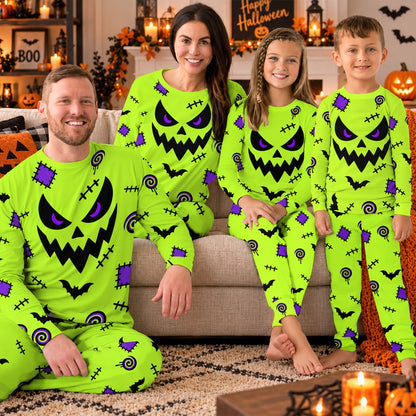 Lifestyle view of the neon green halloween pajama set being worn