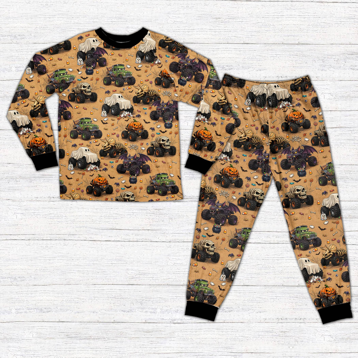 Front view of the beige customized family matching pajama set