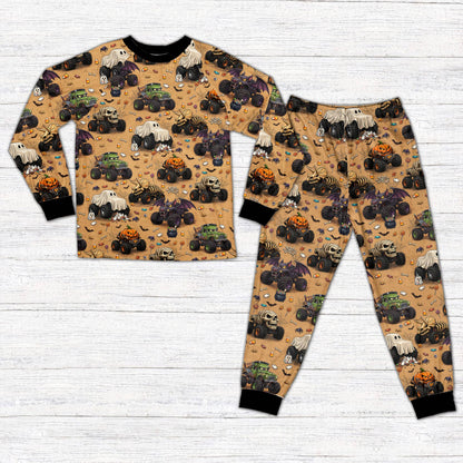 Lifestyle view of a family wearing matching Halloween monster truck pajamas