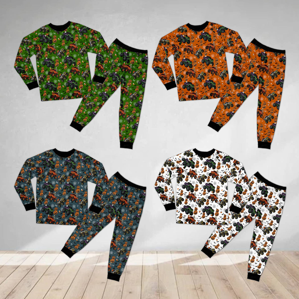 Halloween monster trucks pajama set matching family pajamas multicolor design, front view