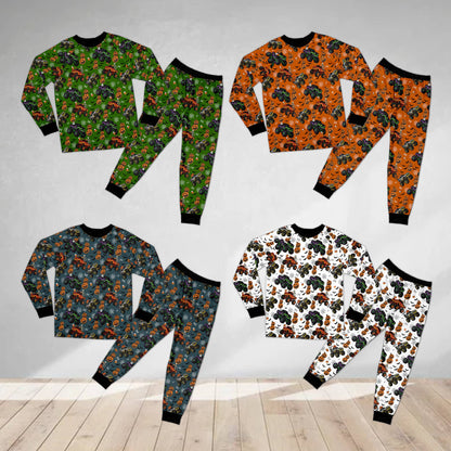 Halloween monster trucks pajama set matching family pajamas multicolor design, front view