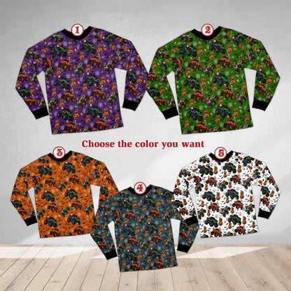 Halloween monster trucks pajama set matching family pajamas multicolor design, alternate front view