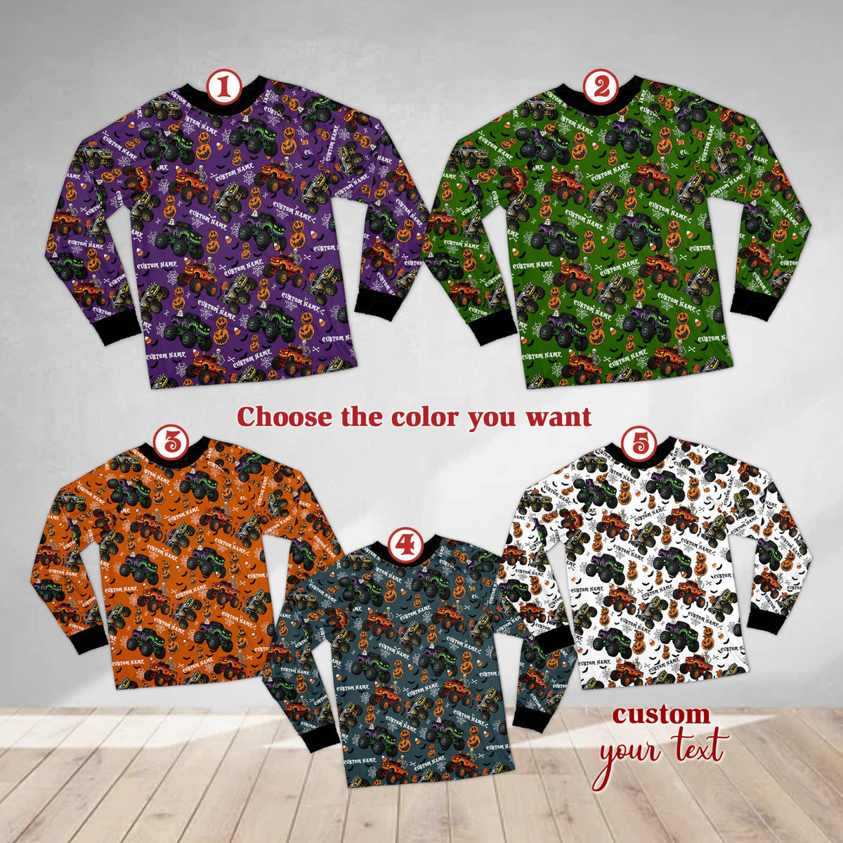 Halloween monster trucks pajama set matching family pajamas multicolor design, third front view
