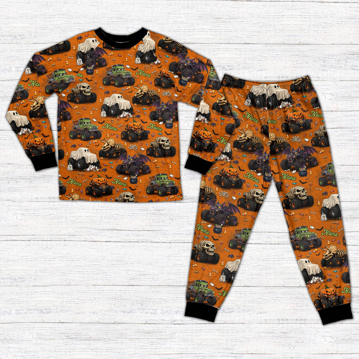 Front view of the orange personalized halloween monster truck sleepwear