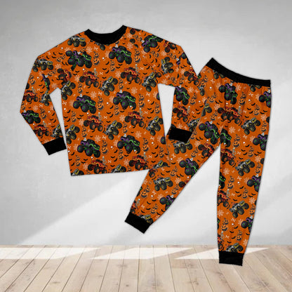 Halloween monster trucks pajama set matching family pajamas in orange, front view