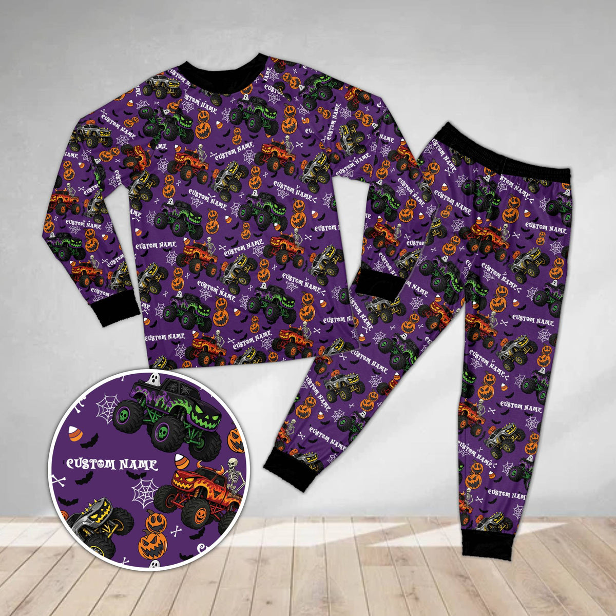 Halloween monster trucks pajama set matching family pajamas in purple, alternate front view