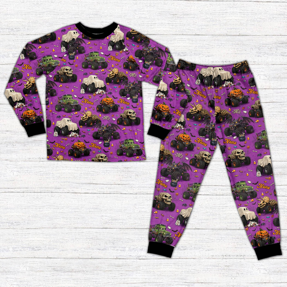 Main view of the purple halloween monster trucks pajama set for family matching outfits